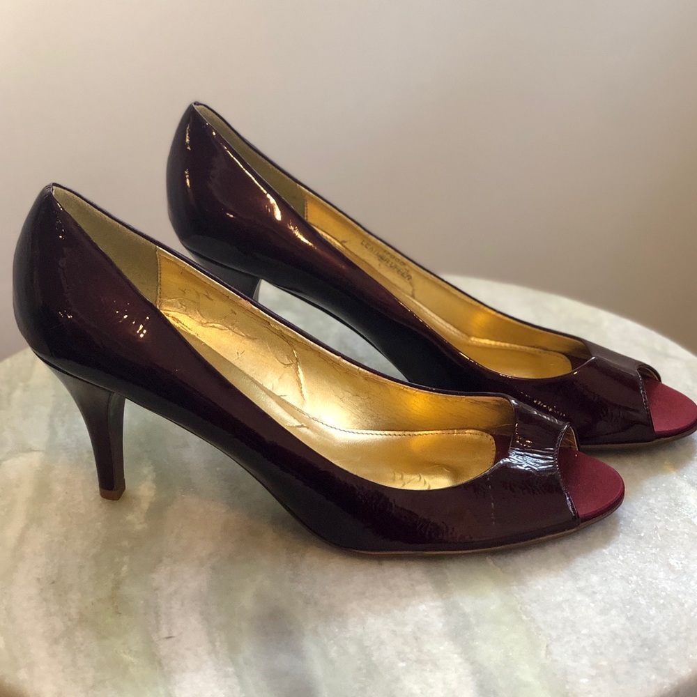 J.Crew 11 Vintage Peep Toe Oxblood Patent Leather Made in Italy